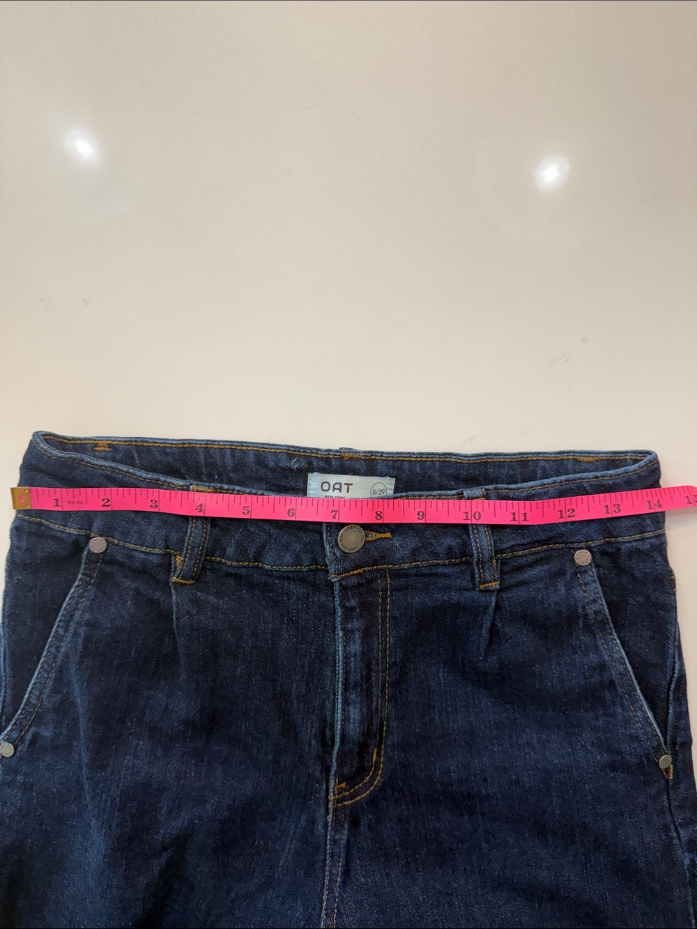 Oat New York High Waist Raw Hem Wide-Leg Dark Blue Jeans | Size 8/29 - Picture 7 of 10